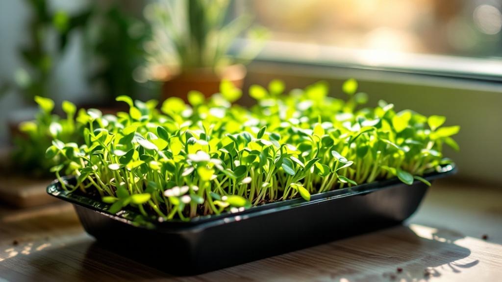 Manos cosechando microgreens frescos de una bandeja en la cocina de casa con luz natural