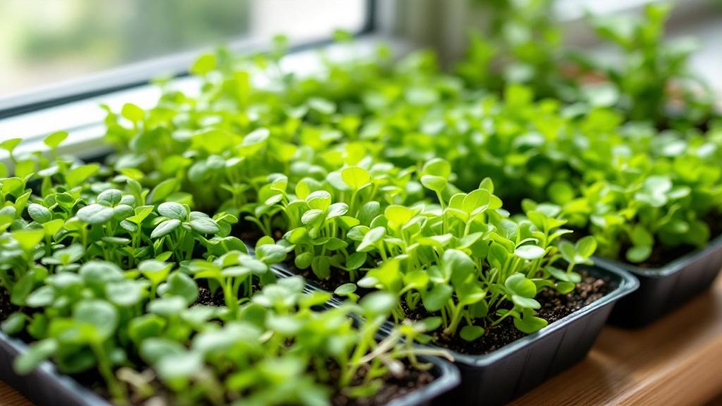Bandejas con los microgreens más fáciles de cultivar como rábano y brócoli en cocina